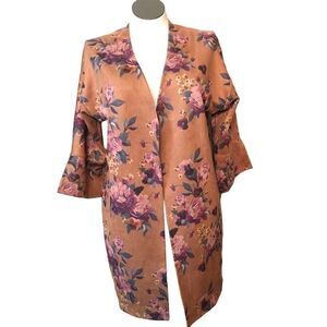 Ronnie Salloway Womens Topper Jacket L Faux Suede Brown Floral Boho Mossy Wester